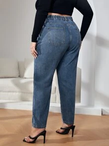 大碼高腰媽媽牛仔褲 - 深色水洗藍 - 查看 2