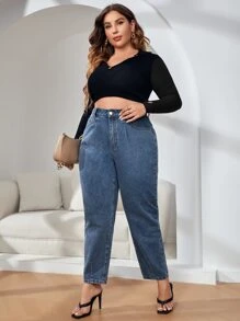 大碼高腰媽媽牛仔褲 - 深色水洗藍 - 查看 3