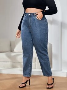 大碼高腰媽媽牛仔褲 - 深色水洗藍 - 查看 4