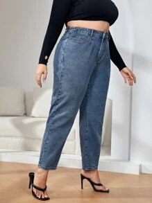 大碼高腰媽媽牛仔褲 - 深色水洗藍 - 查看 5