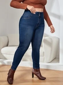 SHEIN SXY 大碼高腰緊身牛仔褲 - 深色水洗藍 - 查看 5