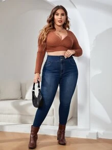 SHEIN SXY 大碼高腰緊身牛仔褲 - 深色水洗藍 - 查看 1