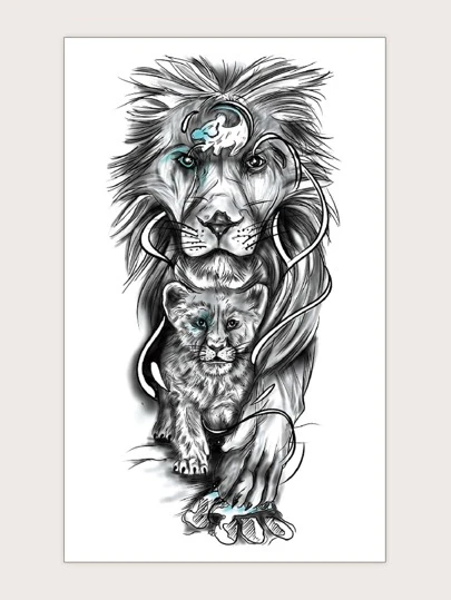 纹身贴纸，1 张大号半臂袖狮子图案临时纹身，适用于男女前臂，动物假纹身贴纸成人，黑色逼真纹身狮子，适用于女性和女孩