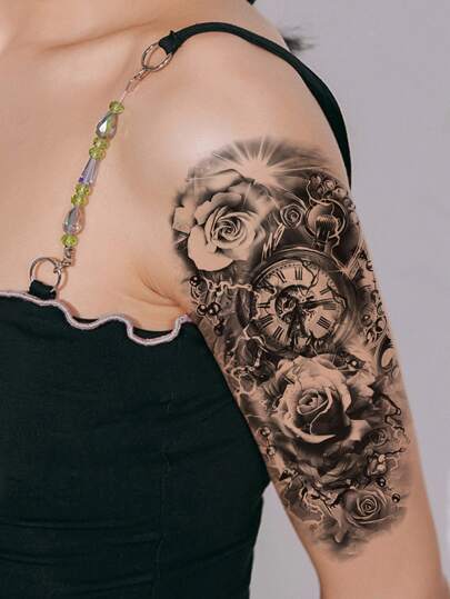 Etiqueta engomada del tatuaje, 1 hoja Tatuajes temporales con diseño de flores y relojes para mujeres, pegatinas de tatuajes para adultos, flor de tatuaje realista, para mujeres y niñas