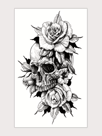 Tatuajes temporales, 1 hoja de tatuajes temporales de calavera y floral para mujeres, tatuajes adhesivos para adultos, tatuaje realista de flor y calavera para mujeres y niñas