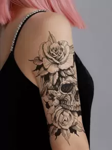 Tatuajes temporales, 1 hoja de tatuajes temporales de calavera y floral para mujeres, tatuajes adhesivos para adultos, tatuaje realista de flor y calavera para mujeres y niñas - Negro - Ver 2