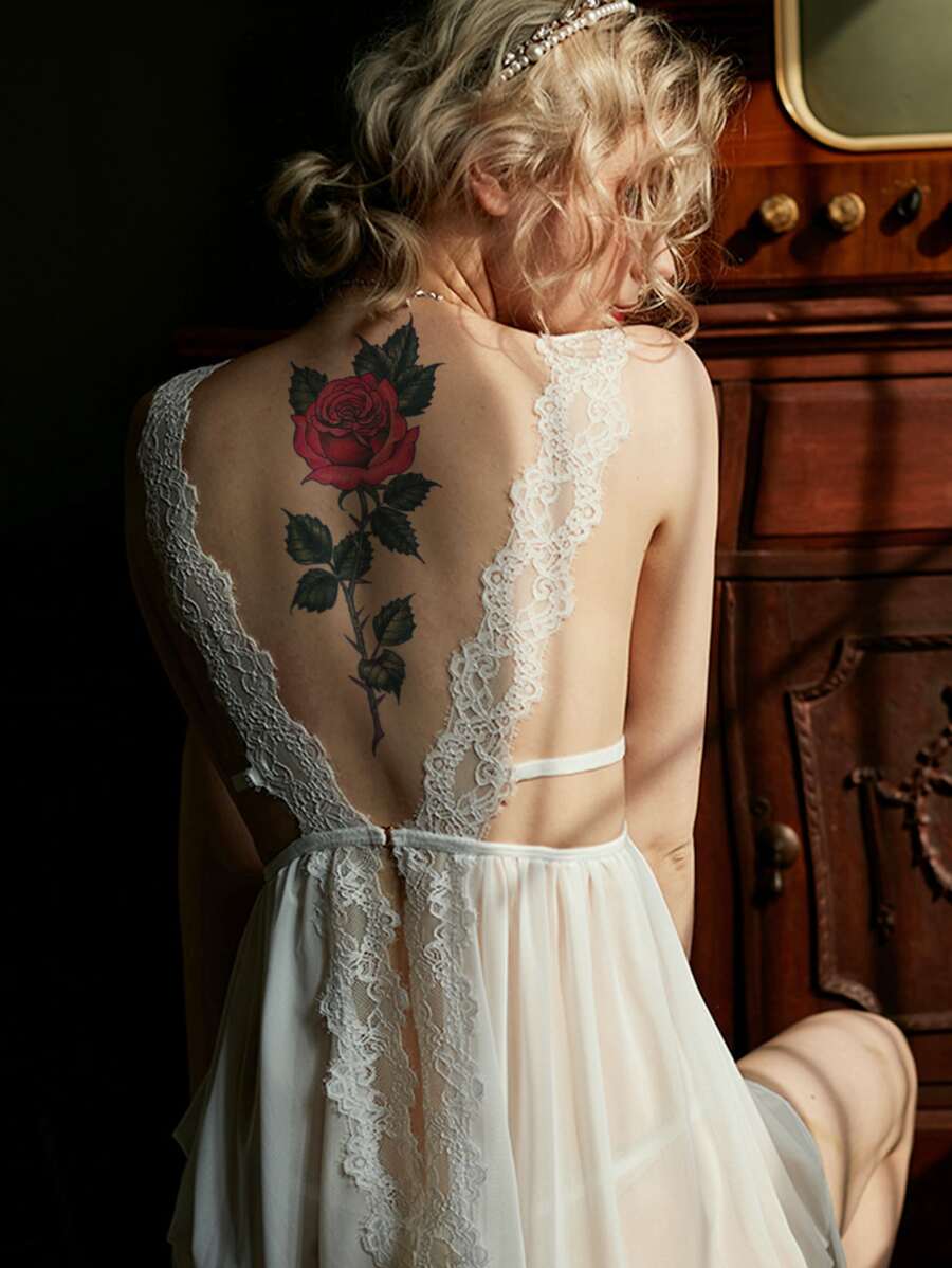 纹身贴纸，1 张玫瑰印花女士临时纹身，成人纹身贴纸，逼真纹身花，适合女性和女孩 - 彩色 - 查看 1