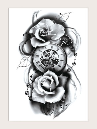 1 hoja Pegatina tatuaje floral & con patrón de reloj