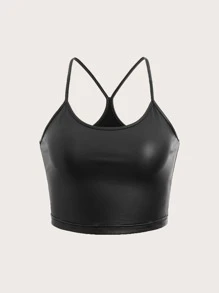 Muchica Solid Crop PU Leather Cami Top - Black - View 1