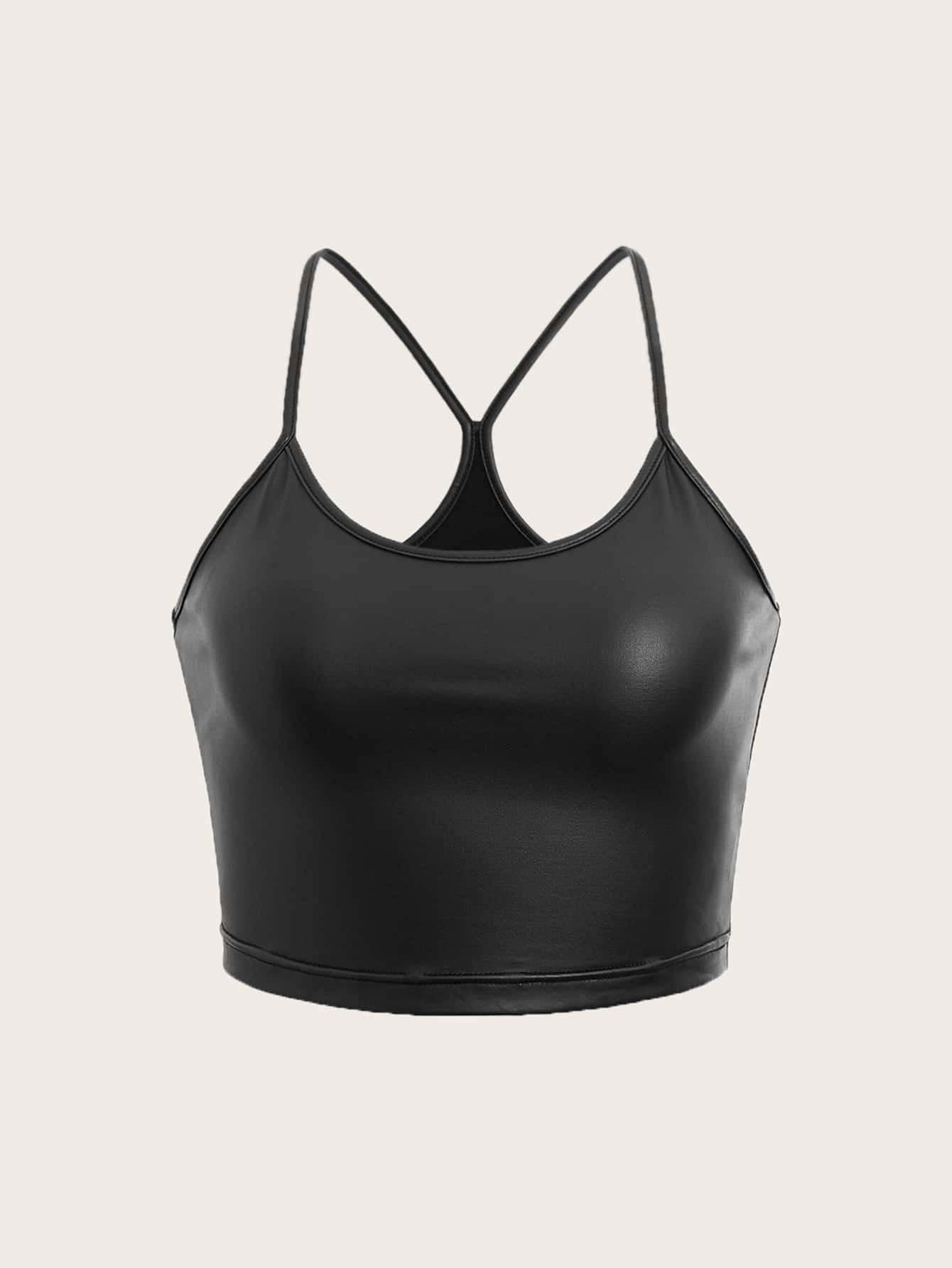 Muchica Solid Crop PU Leather Cami Top - Black - View 1