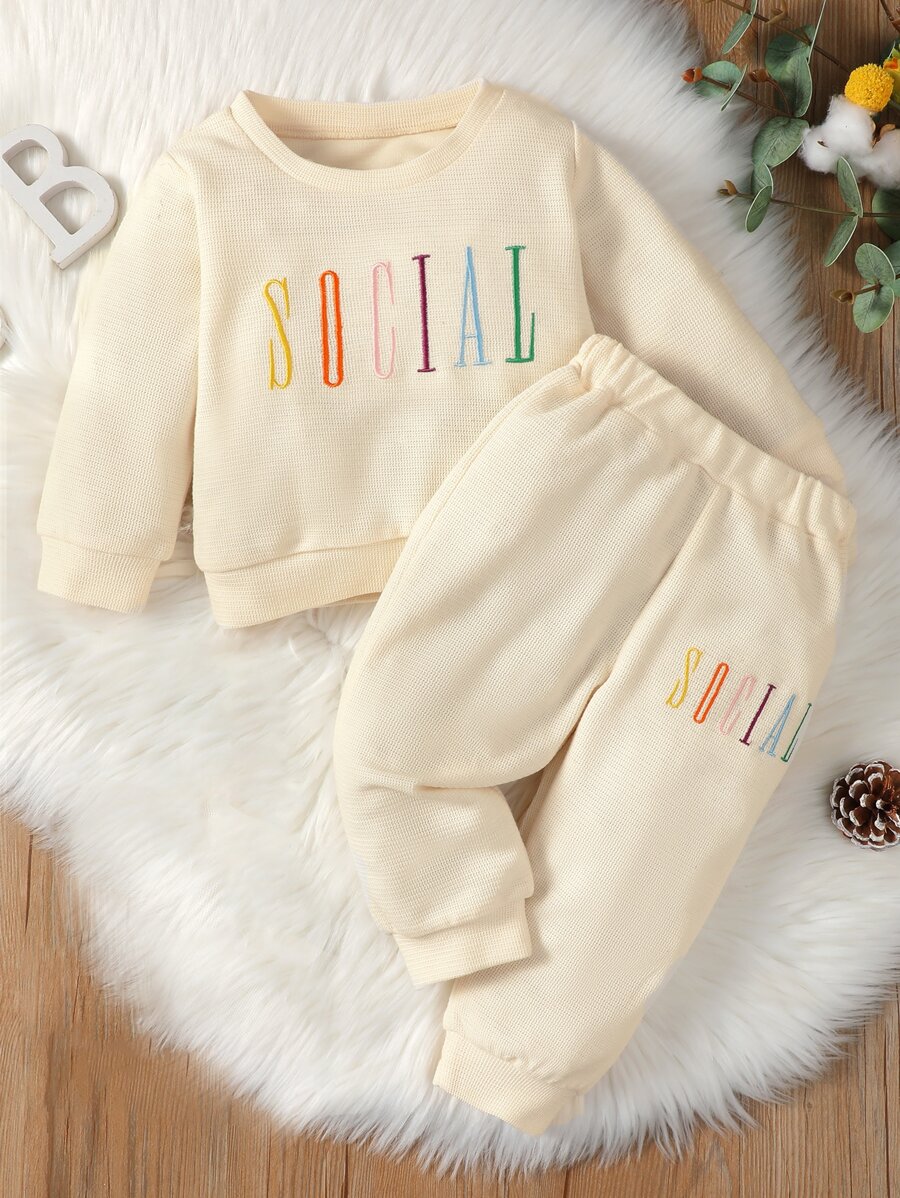 Baby Letter Embroidery Pullover & Joggers - Beige - View 1