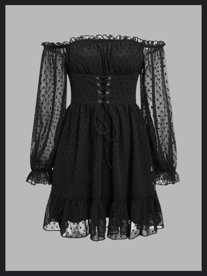 Vestido de lunares de hombros descubiertos ribete fruncido bajo con fruncido