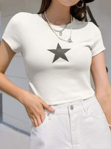 DAZY 星星印花鬆緊針織短袖上衣 - 白色 - 查看 5