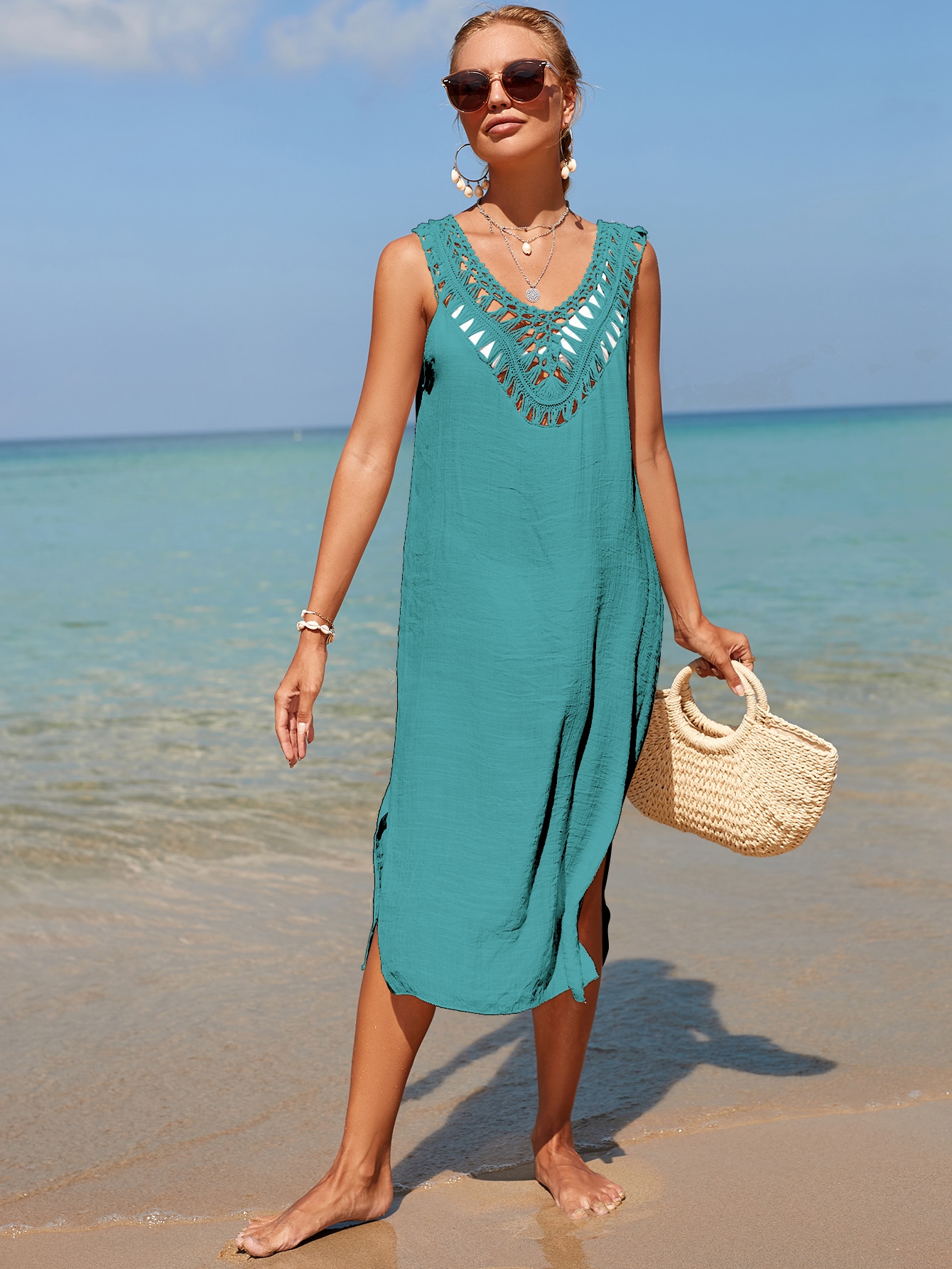 SHEIN Swim BohoFeel Split Thigh Crochet Cover Up SHEIN UK