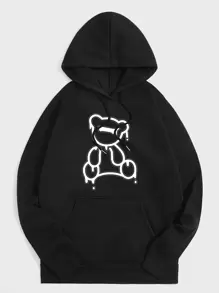 Men Bear Print Raglan Sleeve Drawstring Hoodie - Black - View 1