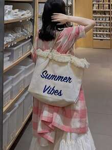 輕便便攜休閒時尚字母刺繡帆布購物包適合女孩、女士、大學生、新秀和白領秋季、冬季必備、工作、辦公室、通勤、學院、秋冬、戶外 - 白色 - 查看 3