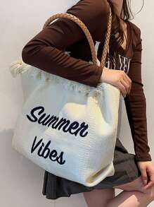 輕便便攜休閒時尚字母刺繡帆布購物包適合女孩、女士、大學生、新秀和白領秋季、冬季必備、工作、辦公室、通勤、學院、秋冬、戶外 - 白色 - 查看 4