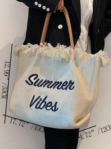 輕便便攜休閒時尚字母刺繡帆布購物包適合女孩、女士、大學生、新秀和白領秋季、冬季必備、工作、辦公室、通勤、學院、秋冬、戶外 - 白色 - 查看 5