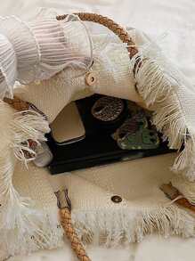 輕便便攜休閒時尚字母刺繡帆布購物包適合女孩、女士、大學生、新秀和白領秋季、冬季必備、工作、辦公室、通勤、學院、秋冬、戶外 - 白色 - 查看 6