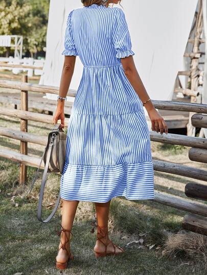 Breezaya Vertical Striped Flounce Sleeve Tassel Tie Neck Ruffle Hem Dress Maxi Women Outfit