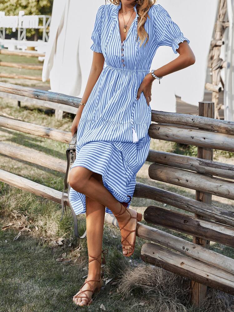 Breezaya Vestido largo con volantes y flecos en cuello y bajo, mangas acampanadas, y rayas verticales para mujer - Azul y blanco - Añade 3