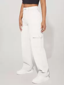 SHEIN PETITE Quần jean nữ Nút Túi Dây kéo màu trơn - trắng - Xem 1