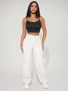 SHEIN PETITE Quần jean nữ Nút Túi Dây kéo màu trơn - trắng - Xem 3