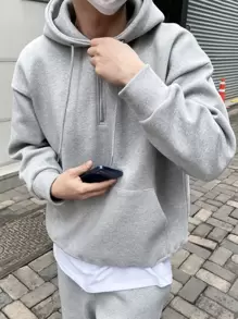 DAZY Men Kangaroo Pocket Half Zipper Drop Shoulder Drawstring Hoodie Business Attire - Grey - View 1