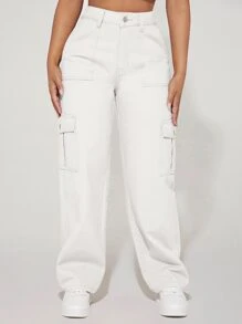 SHEIN PETITE Quần jean nữ Nút Túi Dây kéo màu trơn - trắng - Xem 4