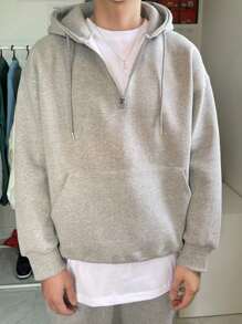DAZY Men Kangaroo Pocket Half Zipper Drop Shoulder Drawstring Hoodie Business Attire - Grey - View 4