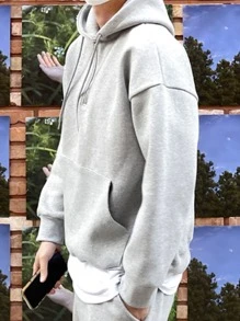 DAZY Men Kangaroo Pocket Half Zipper Drop Shoulder Drawstring Hoodie Business Attire - Grey - View 6