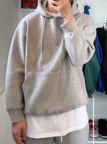 DAZY Men Kangaroo Pocket Half Zipper Drop Shoulder Drawstring Hoodie Business Attire - Grey - View 7