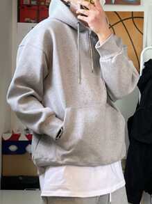 DAZY Men Kangaroo Pocket Half Zipper Drop Shoulder Drawstring Hoodie Business Attire - Grey - View 8