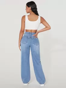 SHEIN PETITE High Waist Ripped Straight Leg Jeans - Light Wash - View 2