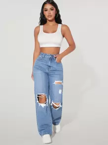 SHEIN PETITE High Waist Ripped Straight Leg Jeans - Light Wash - View 5