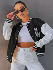 SHEIN Unity Letter Embroidery Drop Shoulder Two Tone Thermal Lined Varsity Jacket - Black and White - View 1