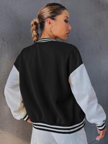 SHEIN Unity Letter Embroidery Drop Shoulder Two Tone Thermal Lined Varsity Jacket - Black and White - View 2