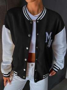 SHEIN Unity Letter Embroidery Drop Shoulder Two Tone Thermal Lined Varsity Jacket - Black and White - View 4