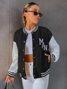 SHEIN Unity Letter Embroidery Drop Shoulder Two Tone Thermal Lined Varsity Jacket - Black and White - View 5