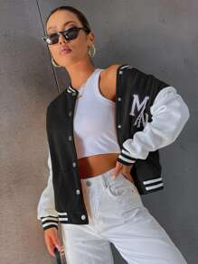 SHEIN Unity Letter Embroidery Drop Shoulder Two Tone Thermal Lined Varsity Jacket - Black and White - View 6