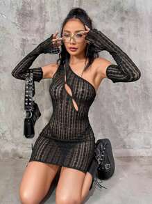 SHEIN ICON One Shoulder Cut Out Bodycon Lace Dress Without Panty - Black - View 1