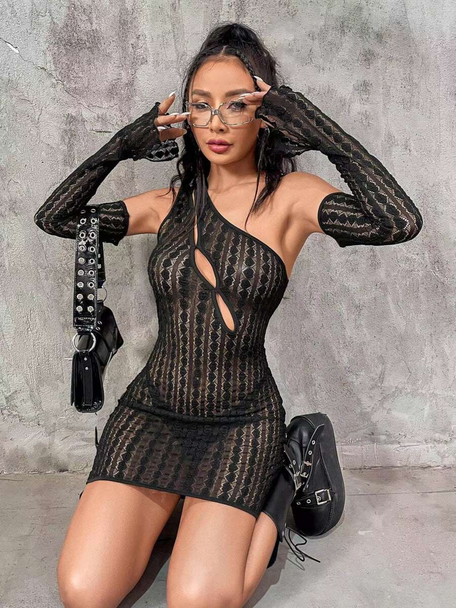 SHEIN ICON One Shoulder Cut Out Bodycon Lace Dress Without Panty - Black - View 1