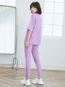 Mulvari Bộ đồ hai mảnh nữ màu trơn Giải trí - Màu Lilac Tím - Xem 2