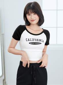 SHEIN EZwear Áo thun nữ Khối Màu Lá thư Giải trí - trắng - Xem 3