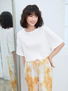 SHEIN EZwear Short-Sleeved Ribbed Blouse - White - View 3