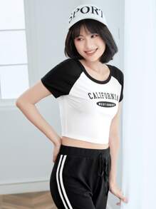 SHEIN EZwear Áo thun nữ Khối Màu Lá thư Giải trí - trắng - Xem 4