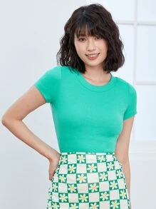 Muchica Neon Blue Rib-knit Crop Top - Mint Blue - View 1