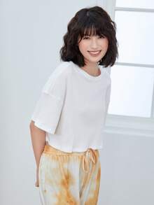SHEIN EZwear Short-Sleeved Ribbed Blouse - White - View 4