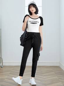 SHEIN EZwear Áo thun nữ Khối Màu Lá thư Giải trí - trắng - Xem 5