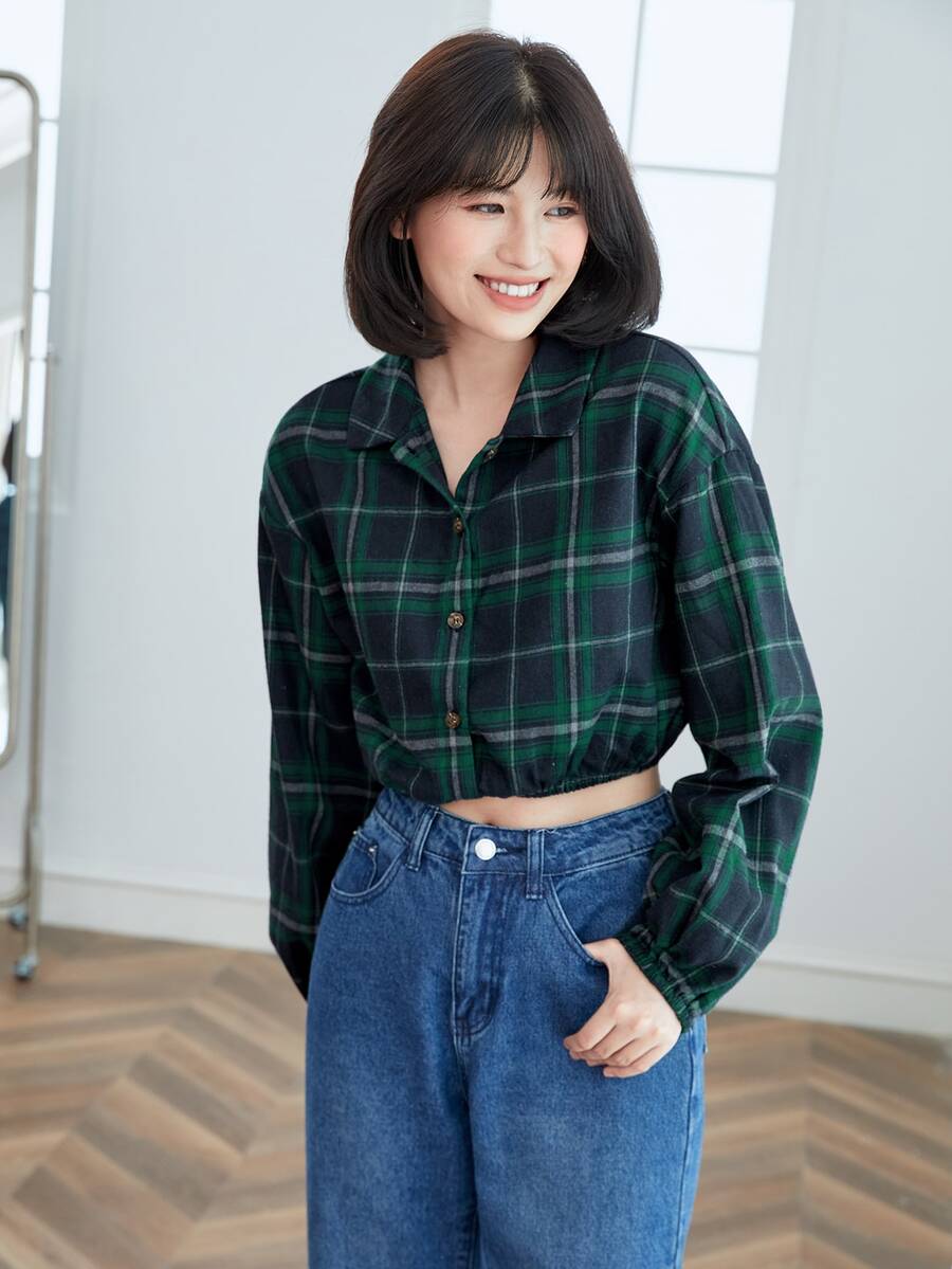 SHEIN EZwear Áo sơ mi Thả vai In Tartan Mùa vụ - Nhiều màu - Xem 1